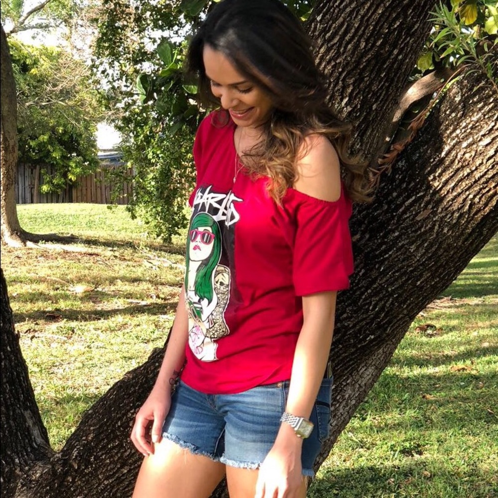 Swear Out Loud Camera Girl Off the Shoulder tee - Picture 2 of 4